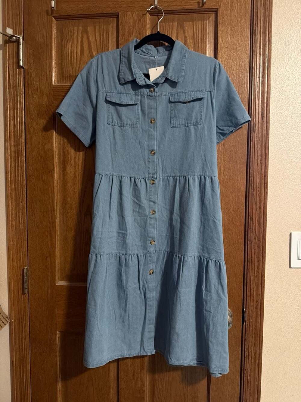Floral Blooming Light Blue Denim Tiered Short-Sleeve Button-Up Shirt Dress XL